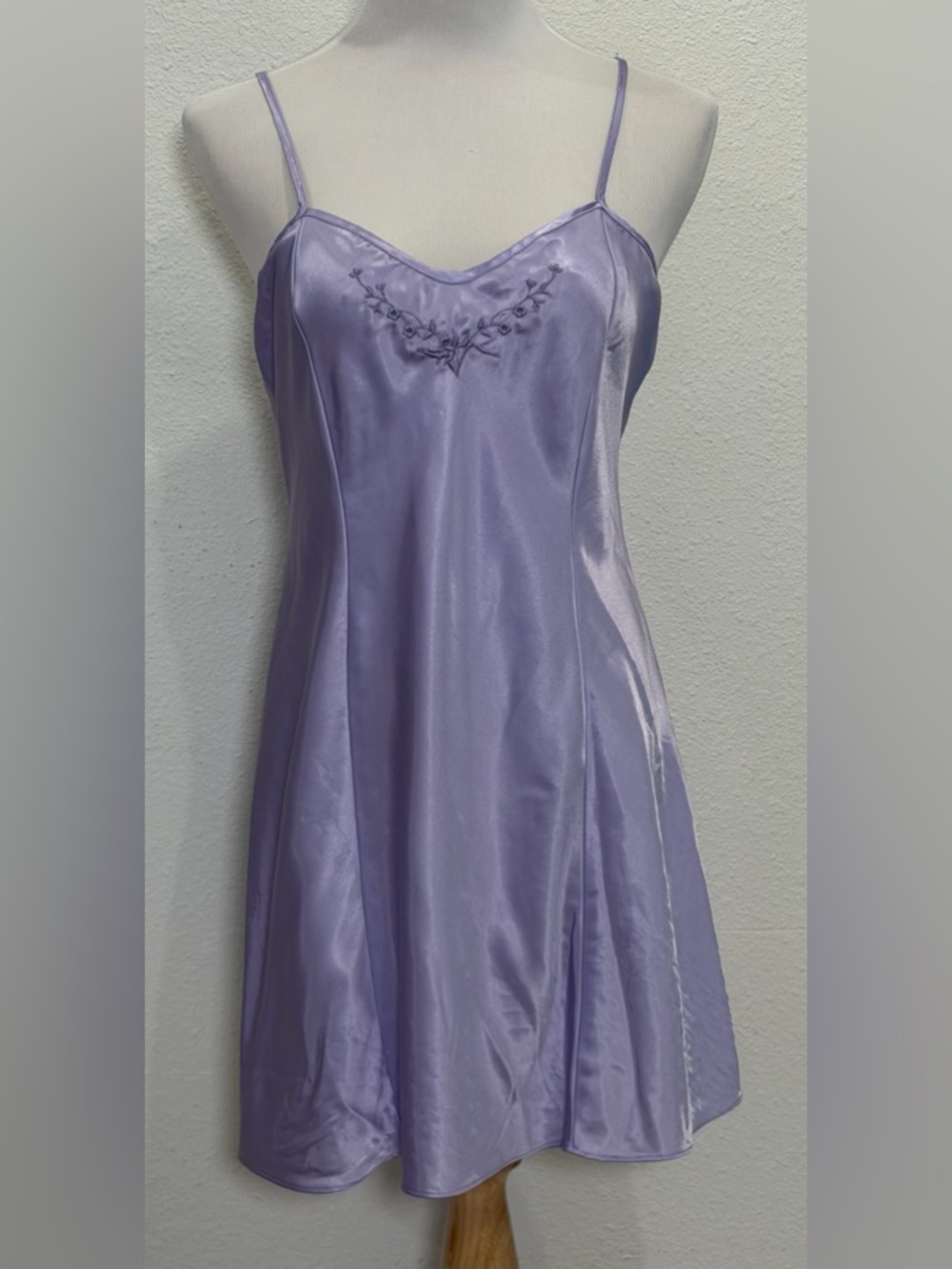 Vintage Angelique Lavender Satin Embroidered Nightgown Medium Chemise Slip Dress